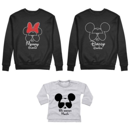 Tris felpe adulti o body lupetto personalizzato daddy mickey mommy minnie little brother mickey Per la famiglia