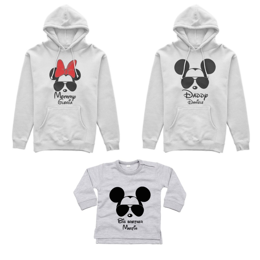 Tris felpe adulti o body lupetto personalizzato daddy mickey mommy minnie little brother mickey Per la famiglia