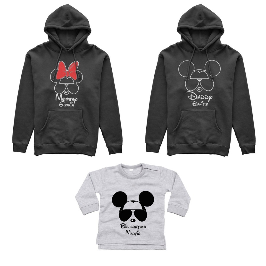 Tris felpe adulti o body lupetto personalizzato daddy mickey mommy minnie little brother mickey Per la famiglia