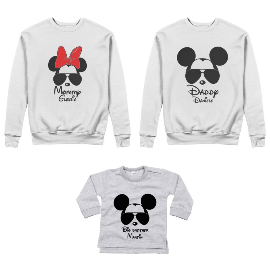 Tris felpe adulti o body lupetto personalizzato daddy mickey mommy minnie little brother mickey Per la famiglia