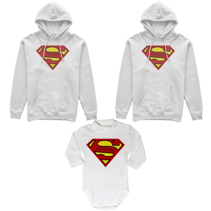 Tris felpe adulti neonato o body lupetto neonato personalizzato con nomi superman Per la famiglia
