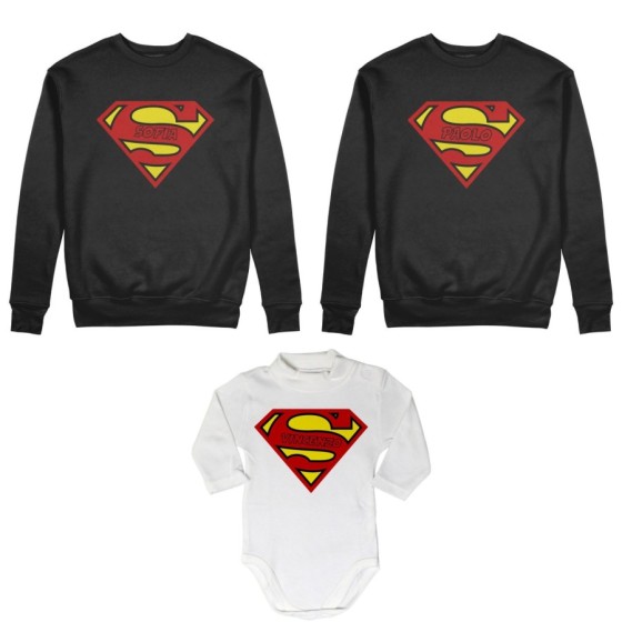 Tris felpe adulti neonato o body lupetto neonato personalizzato con nomi superman Per la famiglia 2
