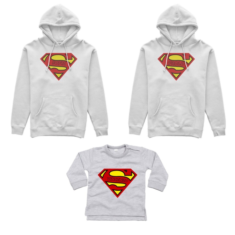Tris felpe adulti neonato o body lupetto neonato personalizzato con nomi superman Per la famiglia