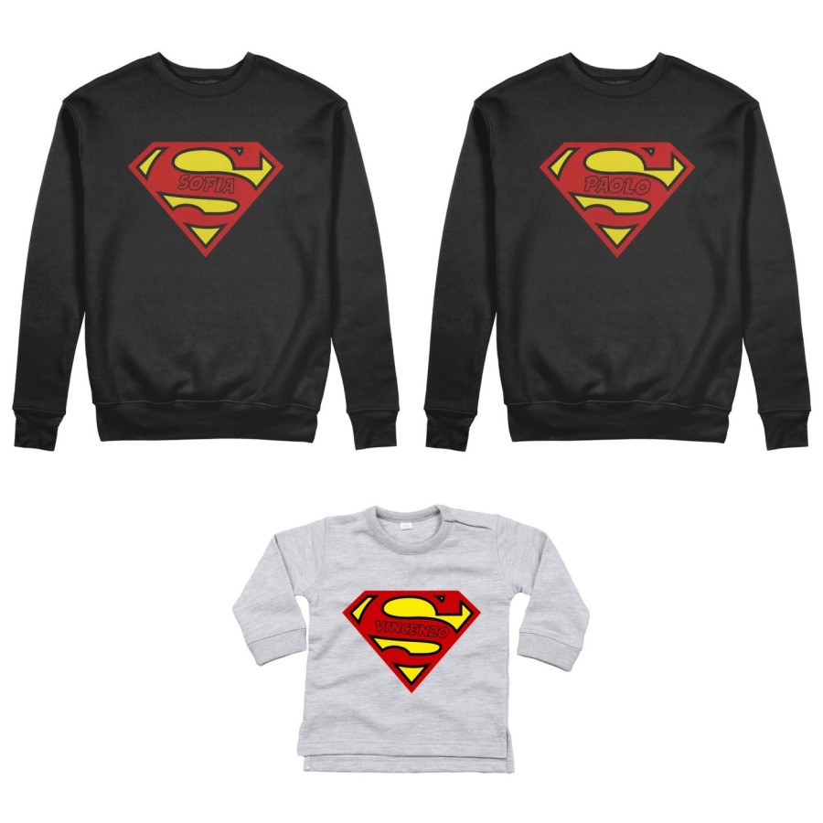 Tris felpe adulti neonato o body lupetto neonato personalizzato con nomi superman Per la famiglia