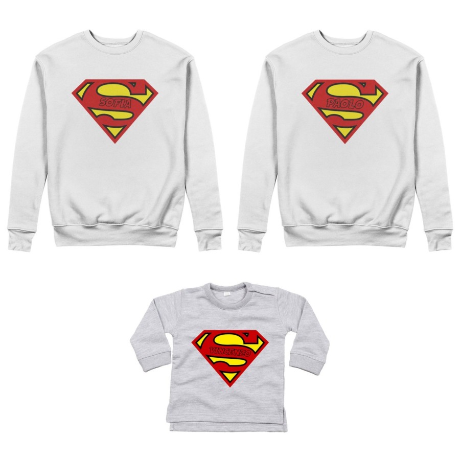 Tris felpe adulti neonato o body lupetto neonato personalizzato con nomi superman Per la famiglia