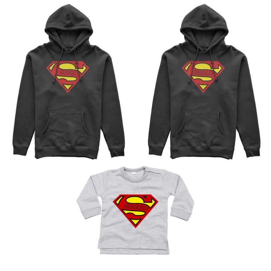 Tris felpe adulti neonato o body lupetto neonato personalizzato con nomi superman Per la famiglia