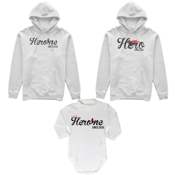 Tris felpe adulti o body lupetto personalizzato con anno hero since heroine since little heroine since Per la famiglia