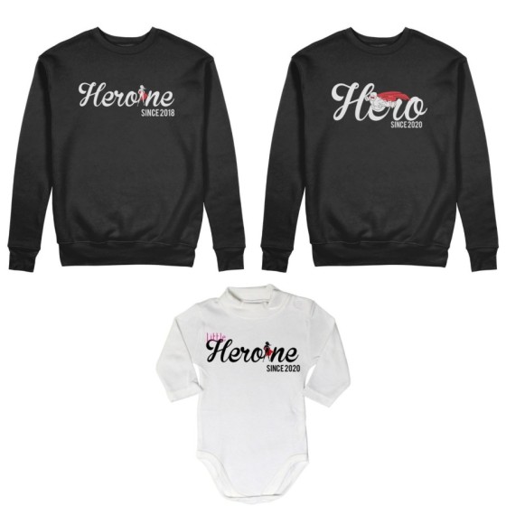 Tris felpe adulti o body lupetto personalizzato con anno hero since heroine since little heroine since Per la famiglia 2