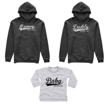 Tris felpe adulti o body lupetto personalizzato con anno daddy since mommy baby since Per la famiglia