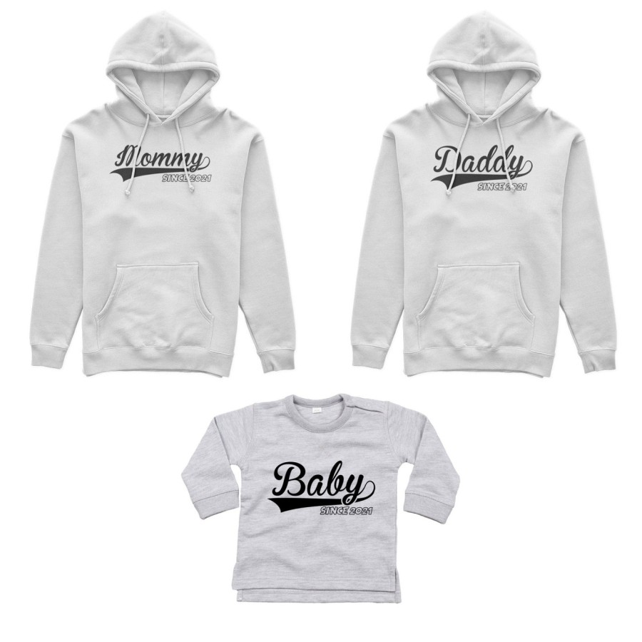 Tris felpe adulti o body lupetto personalizzato con anno daddy since mommy baby since Per la famiglia