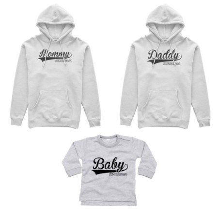 Tris felpe adulti o body lupetto personalizzato con anno daddy since mommy baby since Per la famiglia