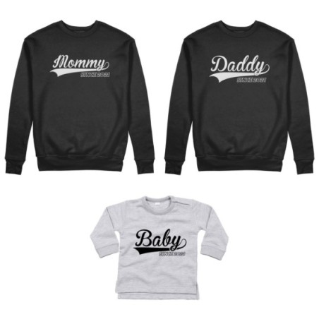 Tris felpe adulti o body lupetto personalizzato con anno daddy since mommy baby since Per la famiglia