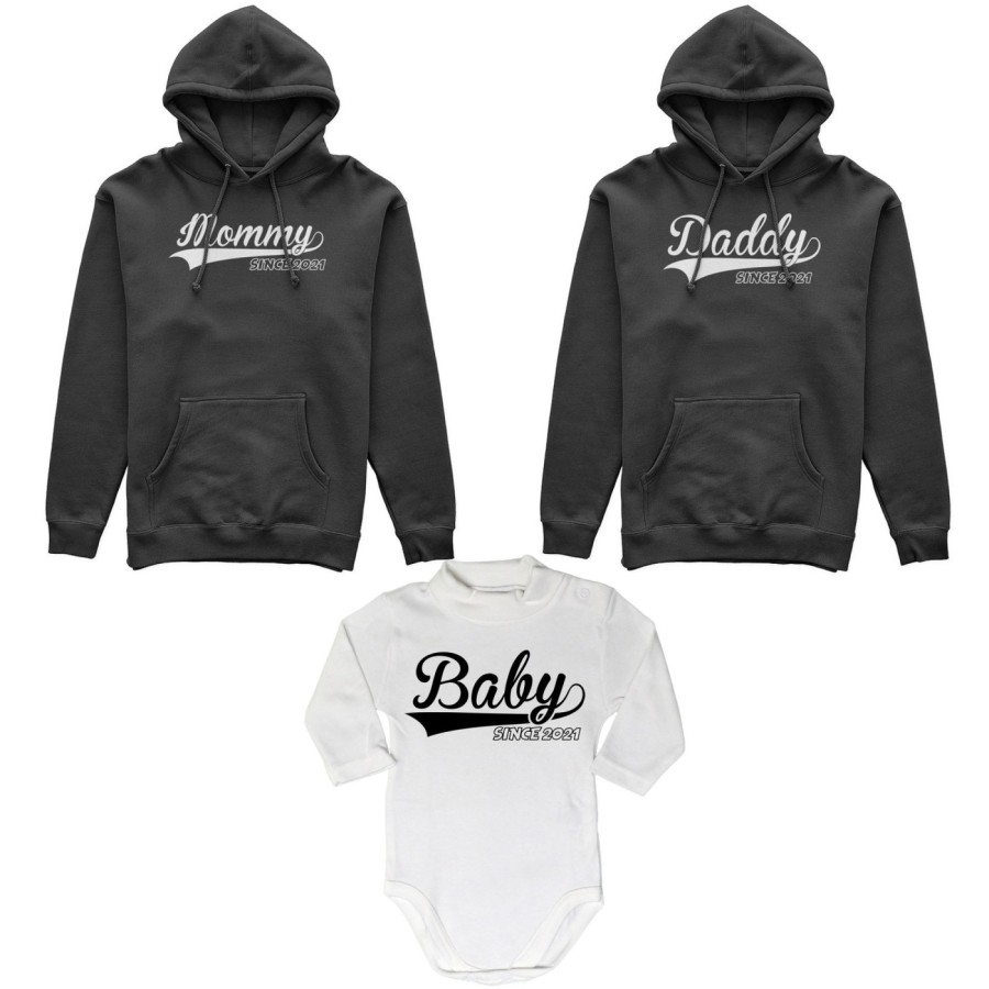 Tris felpe adulti o body lupetto personalizzato con anno daddy since mommy baby since Per la famiglia