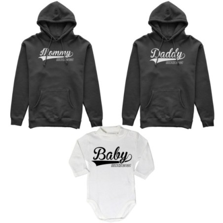 Tris felpe adulti o body lupetto personalizzato con anno daddy since mommy baby since Per la famiglia