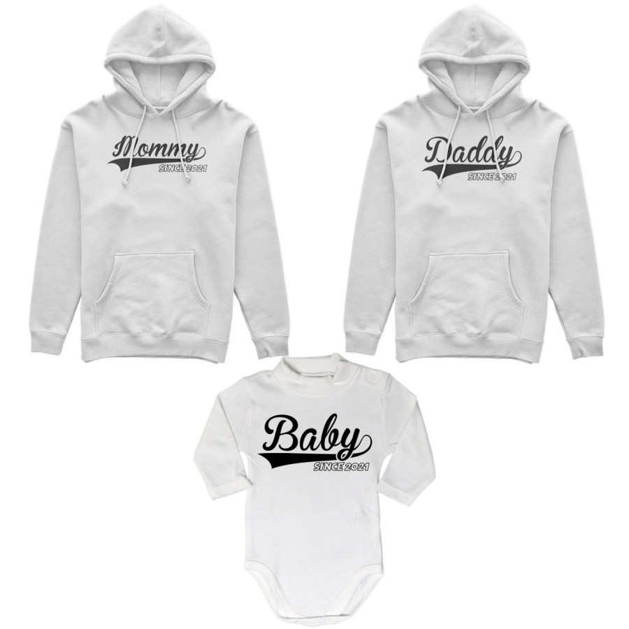 Tris felpe adulti o body lupetto personalizzato con anno daddy since mommy baby since Per la famiglia