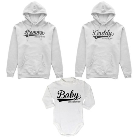 Tris felpe adulti o body lupetto personalizzato con anno daddy since mommy baby since Per la famiglia