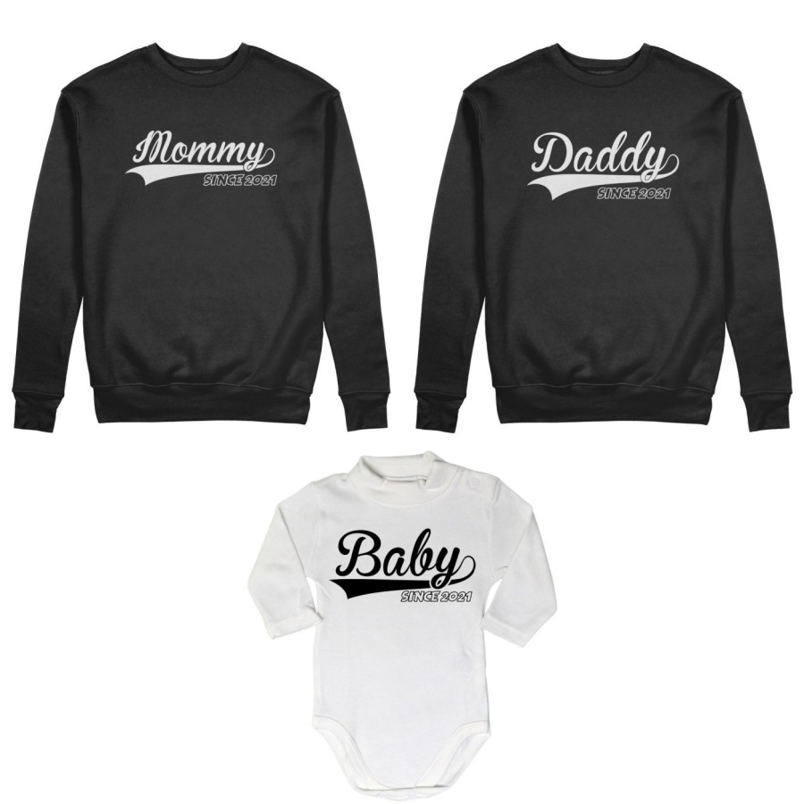 Tris felpe adulti o body lupetto personalizzato con anno daddy since mommy baby since Per la famiglia