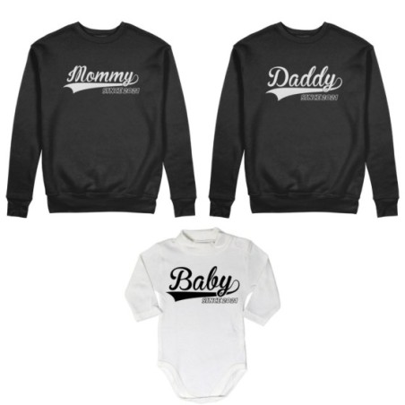 Tris felpe adulti o body lupetto personalizzato con anno daddy since mommy baby since Per la famiglia