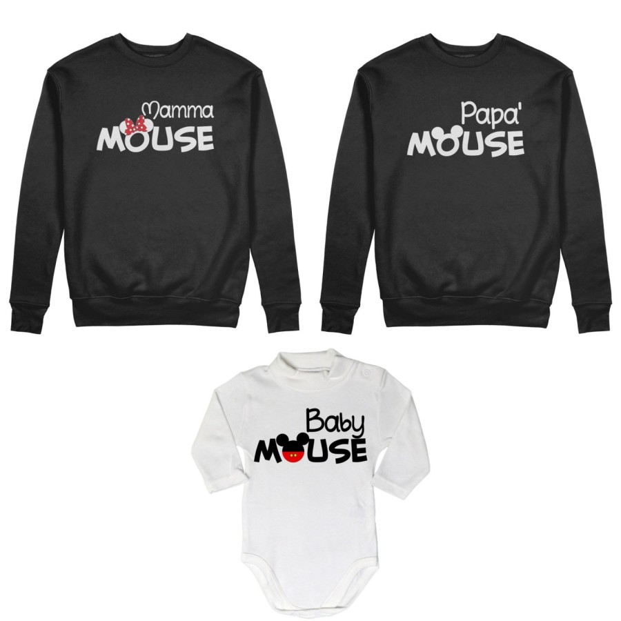 Tris felpe adulti neonato o body lupetto neonato papà mouse mamma minnie mouse baby mouse Per la famiglia