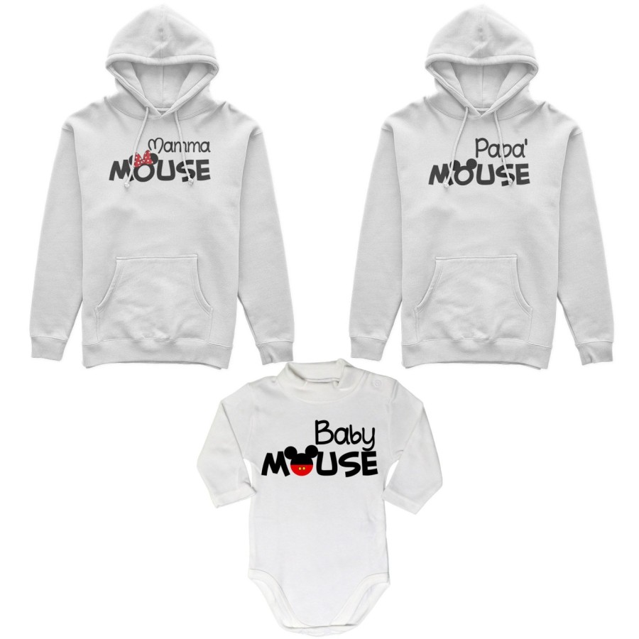 Tris felpe adulti neonato o body lupetto neonato papà mouse mamma minnie mouse baby mouse Per la famiglia