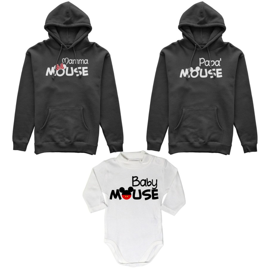 Tris felpe adulti neonato o body lupetto neonato papà mouse mamma minnie mouse baby mouse Per la famiglia