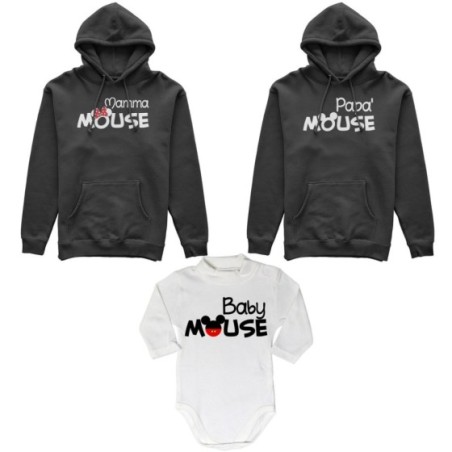 Tris felpe adulti neonato o body lupetto neonato papà mouse mamma minnie mouse baby mouse Per la famiglia