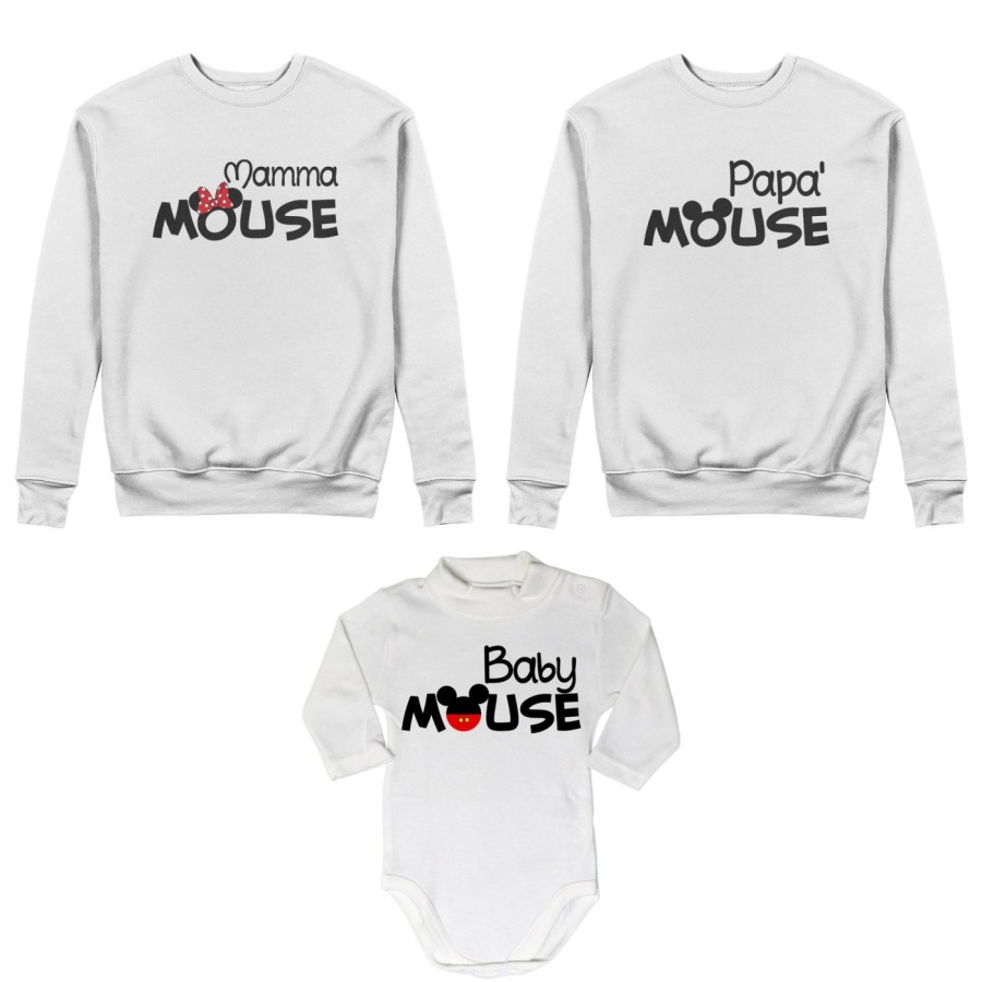 Tris felpe adulti neonato o body lupetto neonato papà mouse mamma minnie mouse baby mouse Per la famiglia