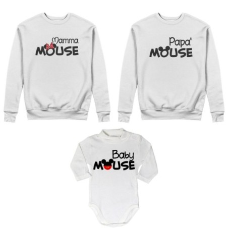 Tris felpe adulti neonato o body lupetto neonato papà mouse mamma minnie mouse baby mouse Per la famiglia