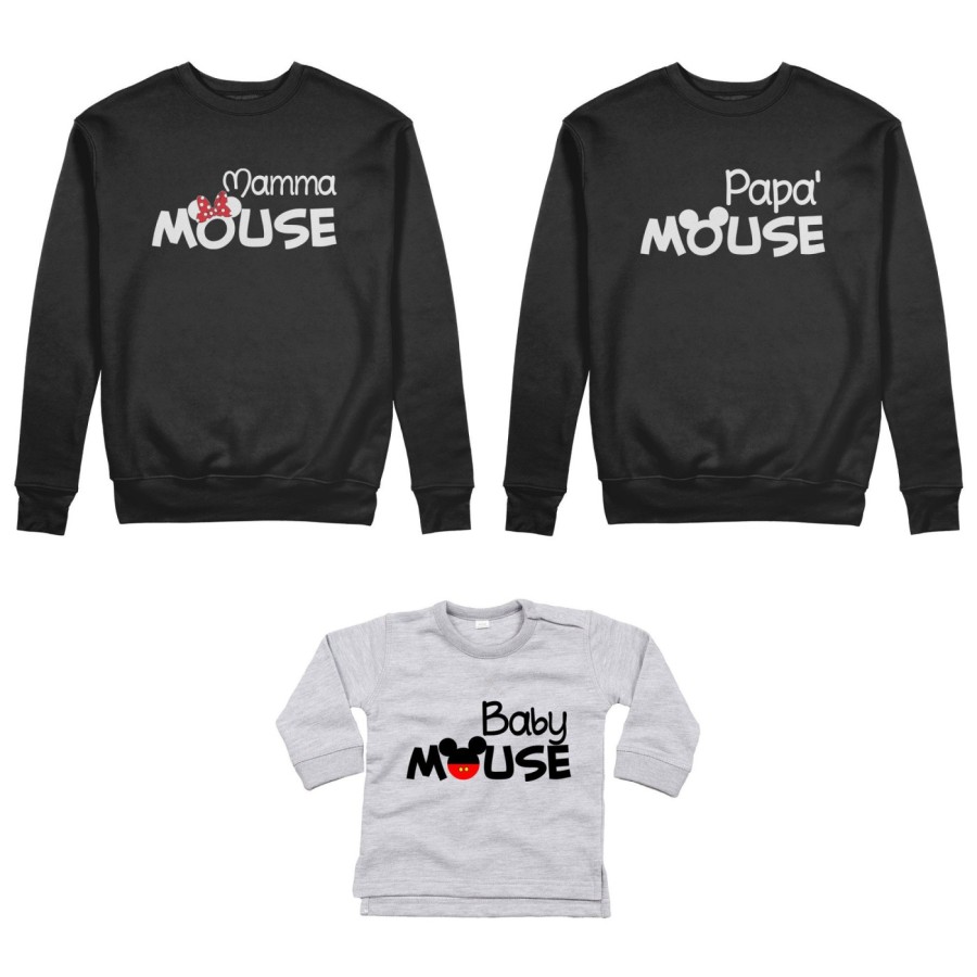 Tris felpe adulti neonato o body lupetto neonato papà mouse mamma minnie mouse baby mouse Per la famiglia