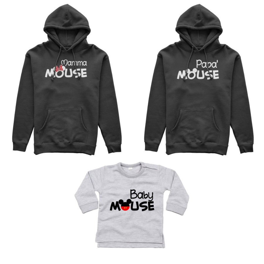 Tris felpe adulti neonato o body lupetto neonato papà mouse mamma minnie mouse baby mouse Per la famiglia