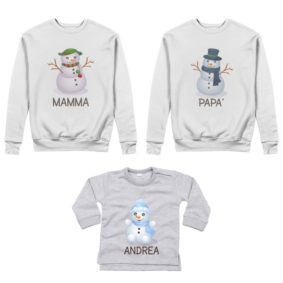 Tris felpe o body lupetto neonato per la famiglia personalizzabile con nomi pupazzi di neve Natale