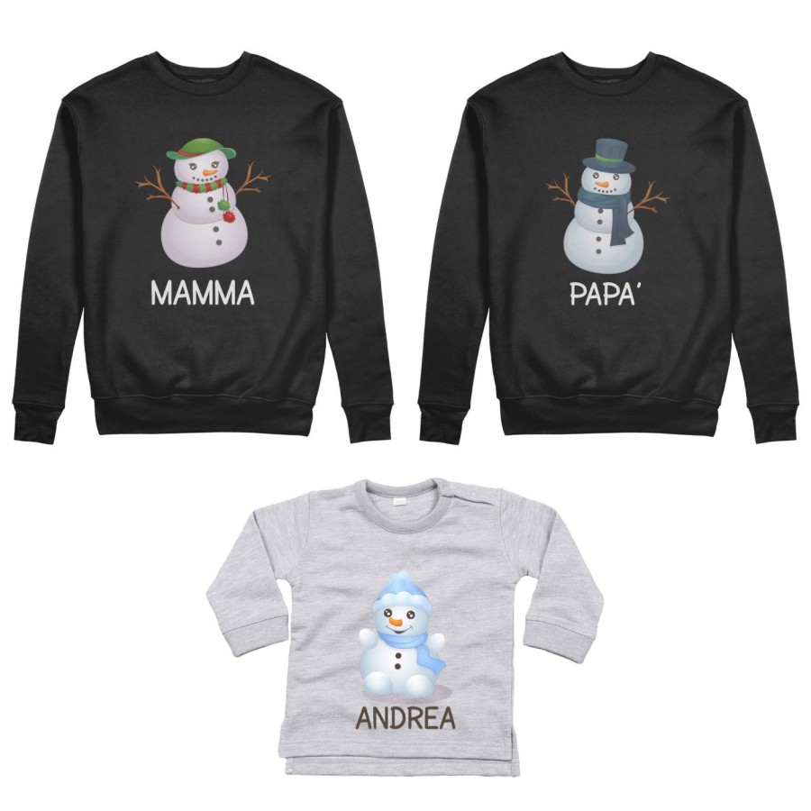 Tris felpe o body lupetto neonato per la famiglia personalizzabile con nomi pupazzi di neve Natale