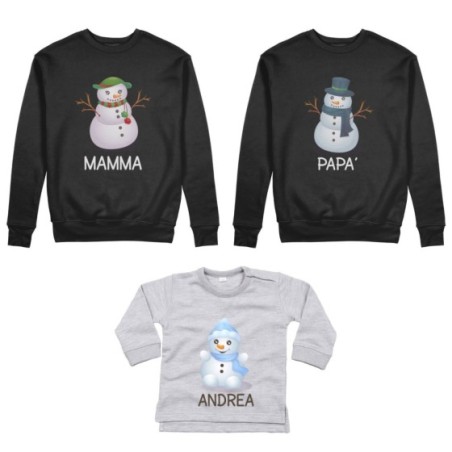 Tris felpe o body lupetto neonato per la famiglia personalizzabile con nomi pupazzi di neve Natale