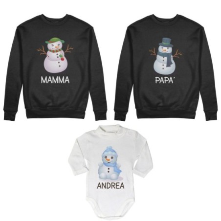 Tris felpe o body lupetto neonato per la famiglia personalizzabile con nomi pupazzi di neve Natale
