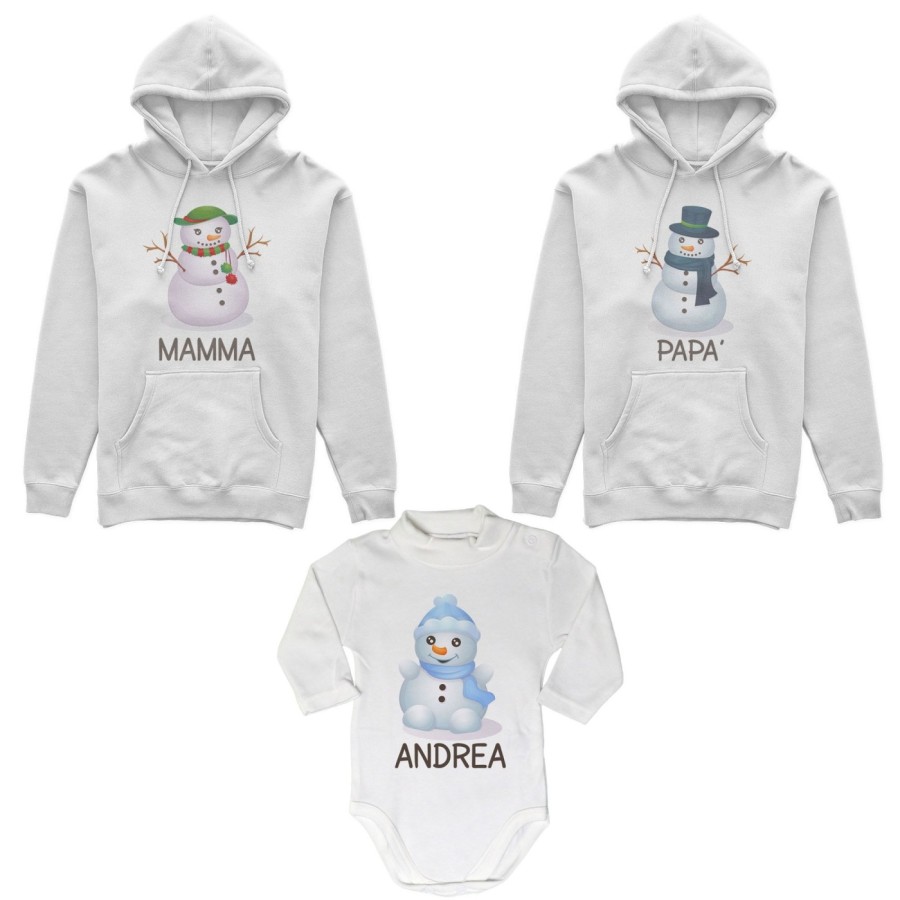 Tris felpe o body lupetto neonato per la famiglia personalizzabile con nomi pupazzi di neve Natale