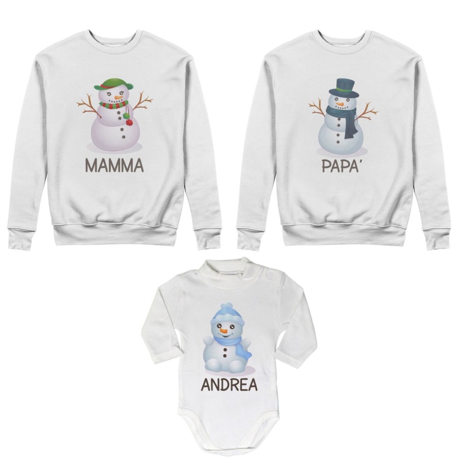 Tris felpe o body lupetto neonato per la famiglia personalizzabile con nomi pupazzi di neve Natale
