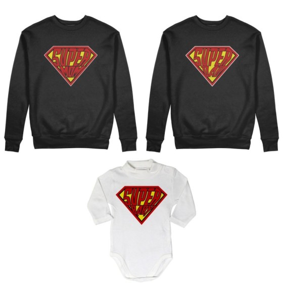 Tris felpe adulti neonato o body lupetto neonato super dad super mom super baby Per la famiglia