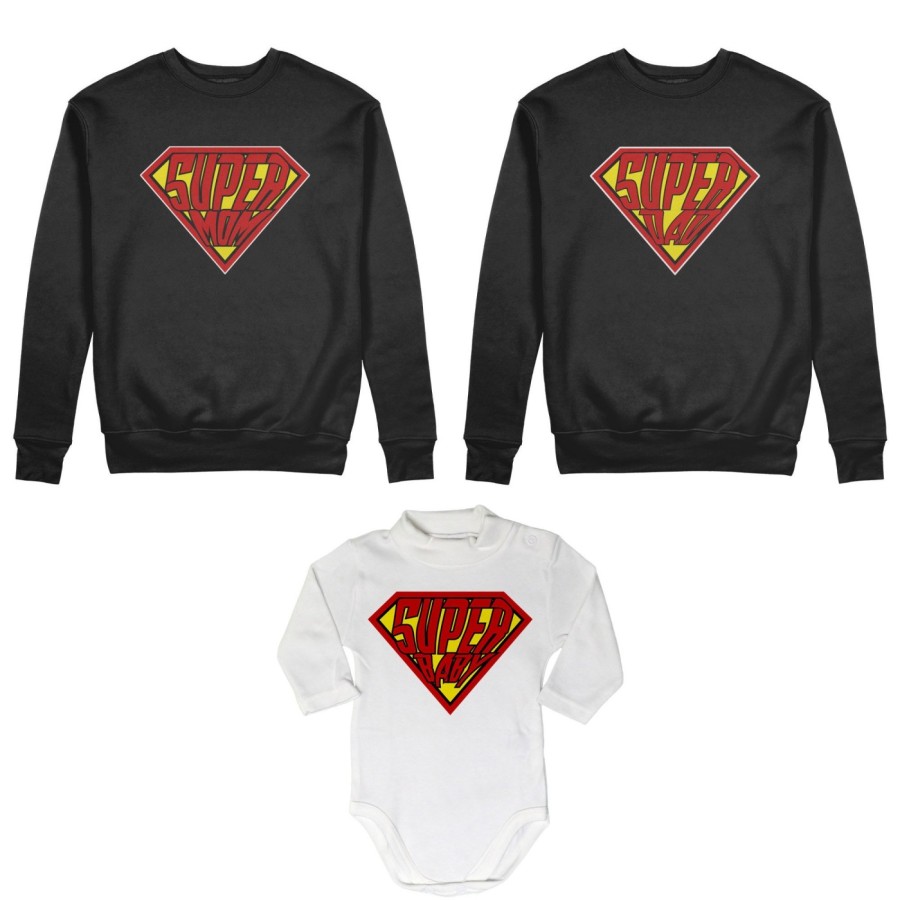 Tris felpe adulti neonato o body lupetto neonato super dad super mom super baby Per la famiglia