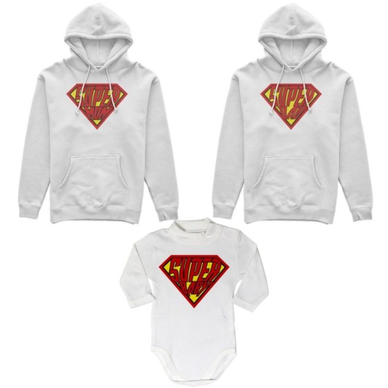 Tris felpe adulti neonato o body lupetto neonato super dad super mom super baby Per la famiglia 2