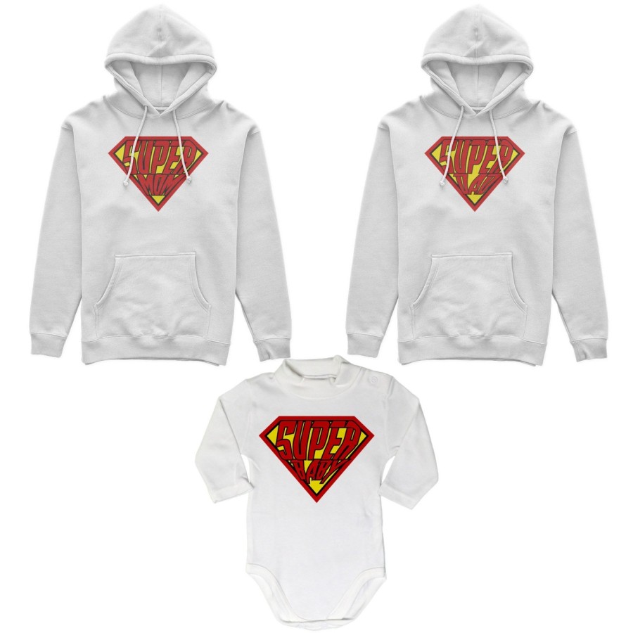 Tris felpe adulti neonato o body lupetto neonato super dad super mom super baby Per la famiglia