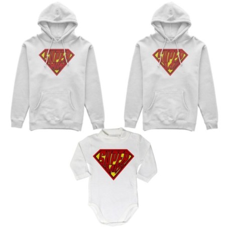 Tris felpe adulti neonato o body lupetto neonato super dad super mom super baby Per la famiglia