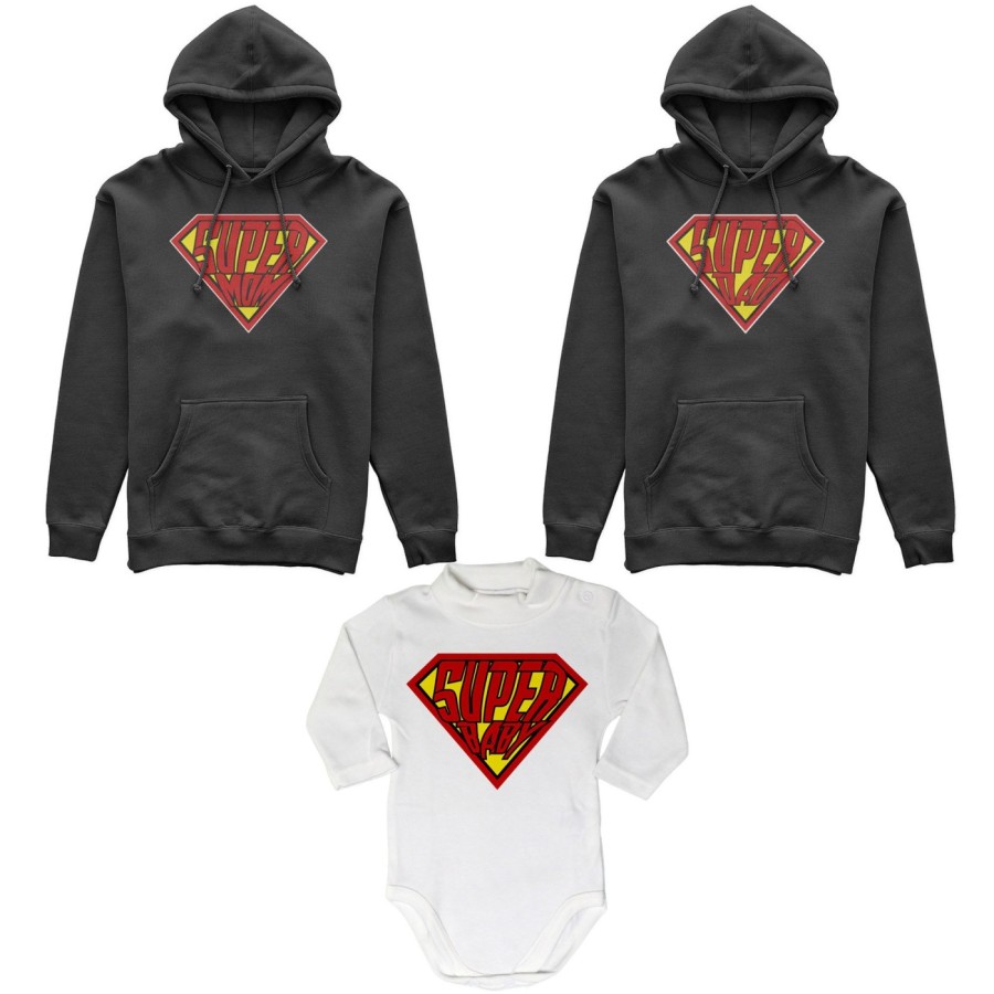 Tris felpe adulti neonato o body lupetto neonato super dad super mom super baby Per la famiglia