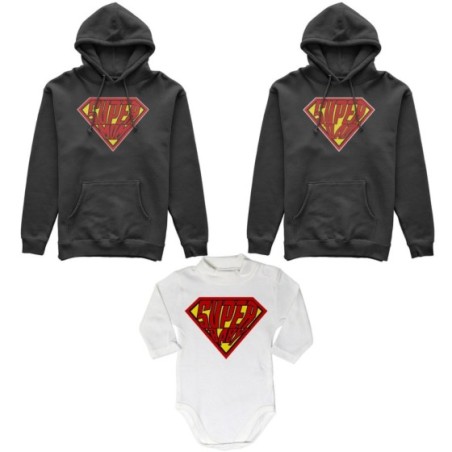 Tris felpe adulti neonato o body lupetto neonato super dad super mom super baby Per la famiglia