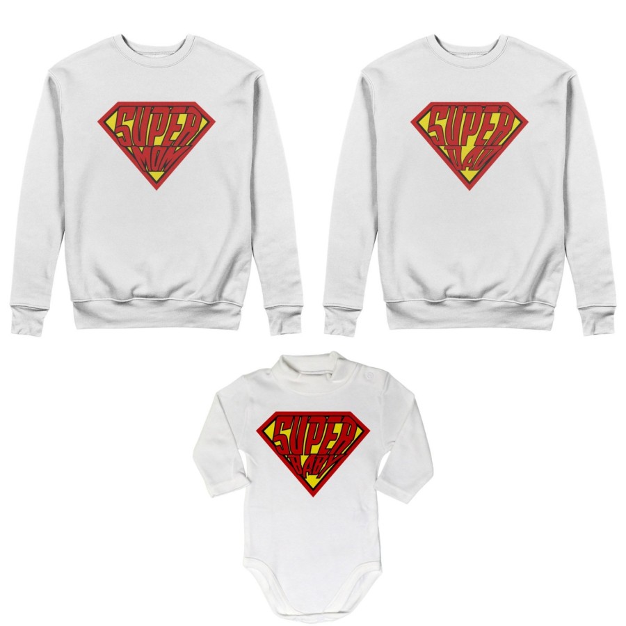 Tris felpe adulti neonato o body lupetto neonato super dad super mom super baby Per la famiglia