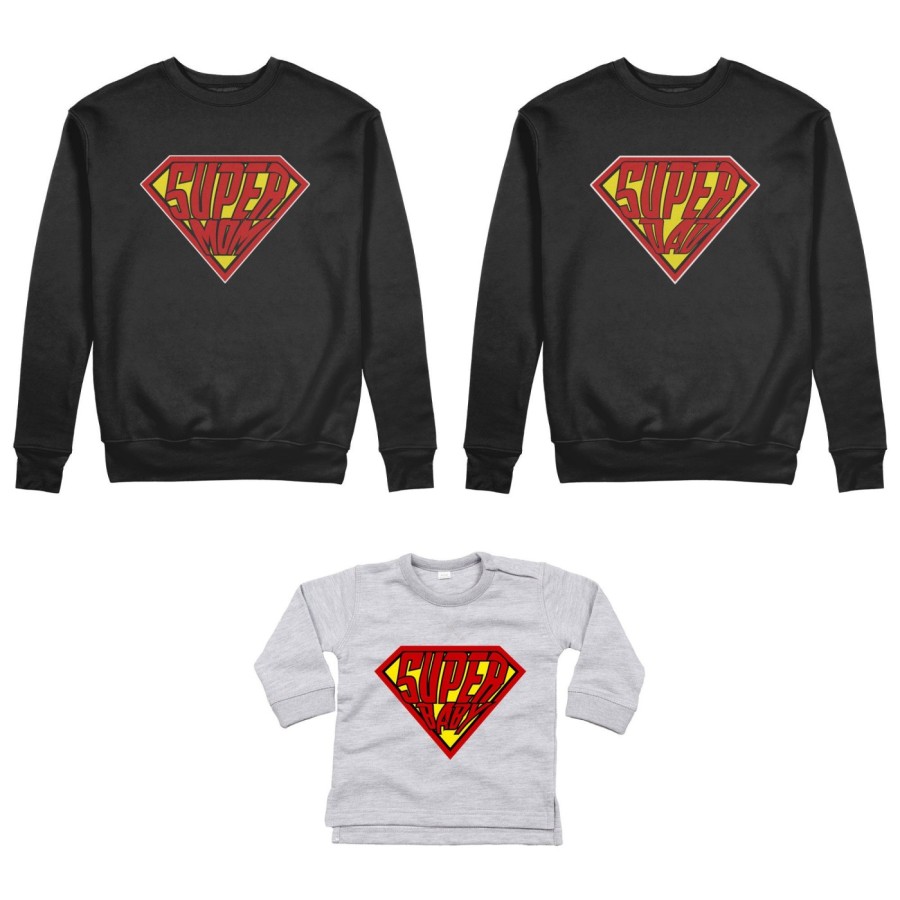 Tris felpe adulti neonato o body lupetto neonato super dad super mom super baby Per la famiglia