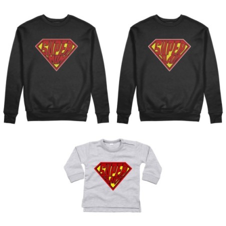 Tris felpe adulti neonato o body lupetto neonato super dad super mom super baby Per la famiglia