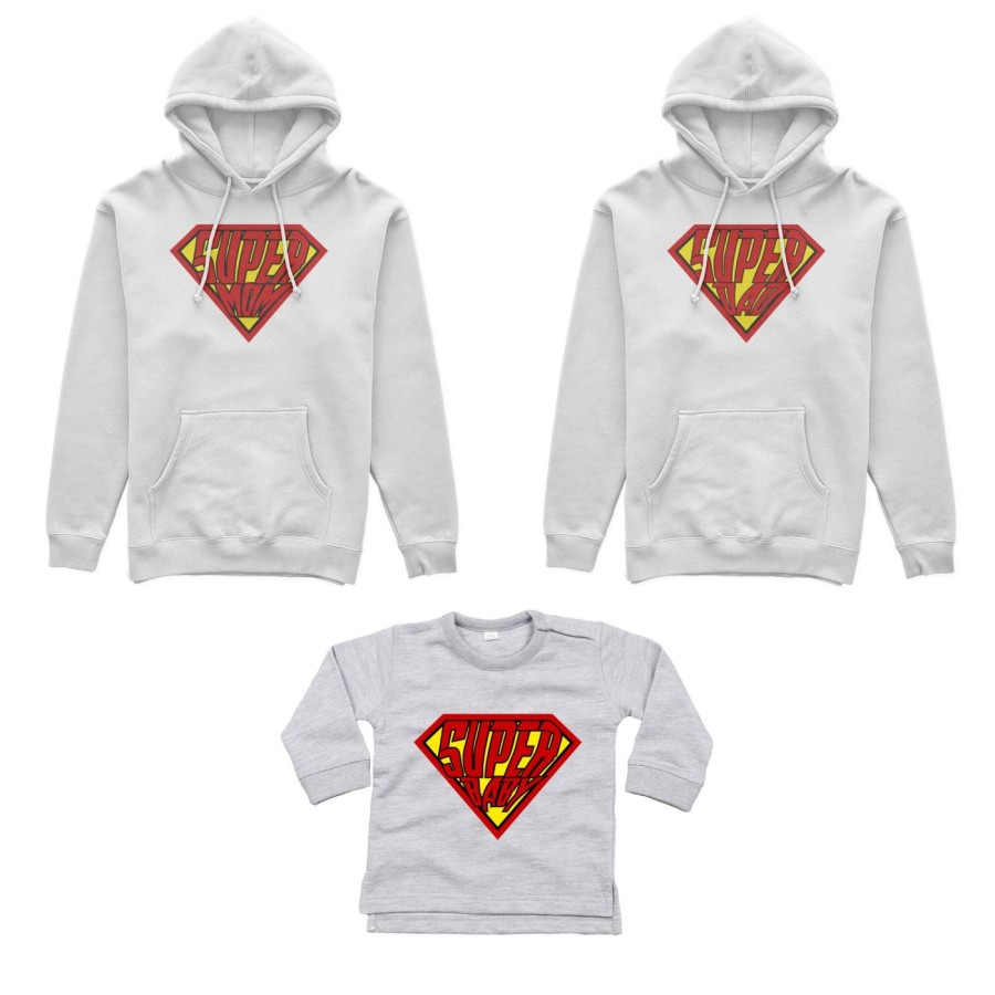 Tris felpe adulti neonato o body lupetto neonato super dad super mom super baby Per la famiglia