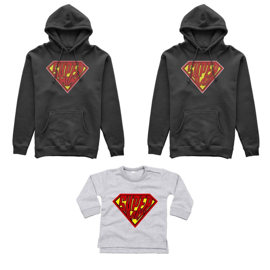 Tris felpe adulti neonato o body lupetto neonato super dad super mom super baby Per la famiglia