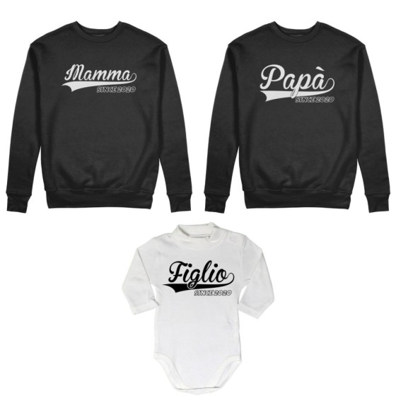 Tris felpe adulti o body lupetto personalizzato con anno papà since mamma since figlio figlia since Per la famiglia