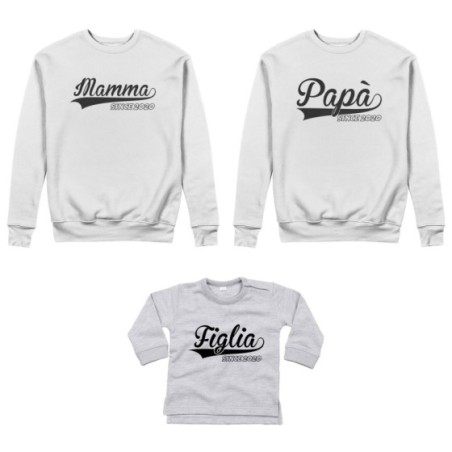 Tris felpe adulti o body lupetto personalizzato con anno papà since mamma since figlio figlia since Per la famiglia